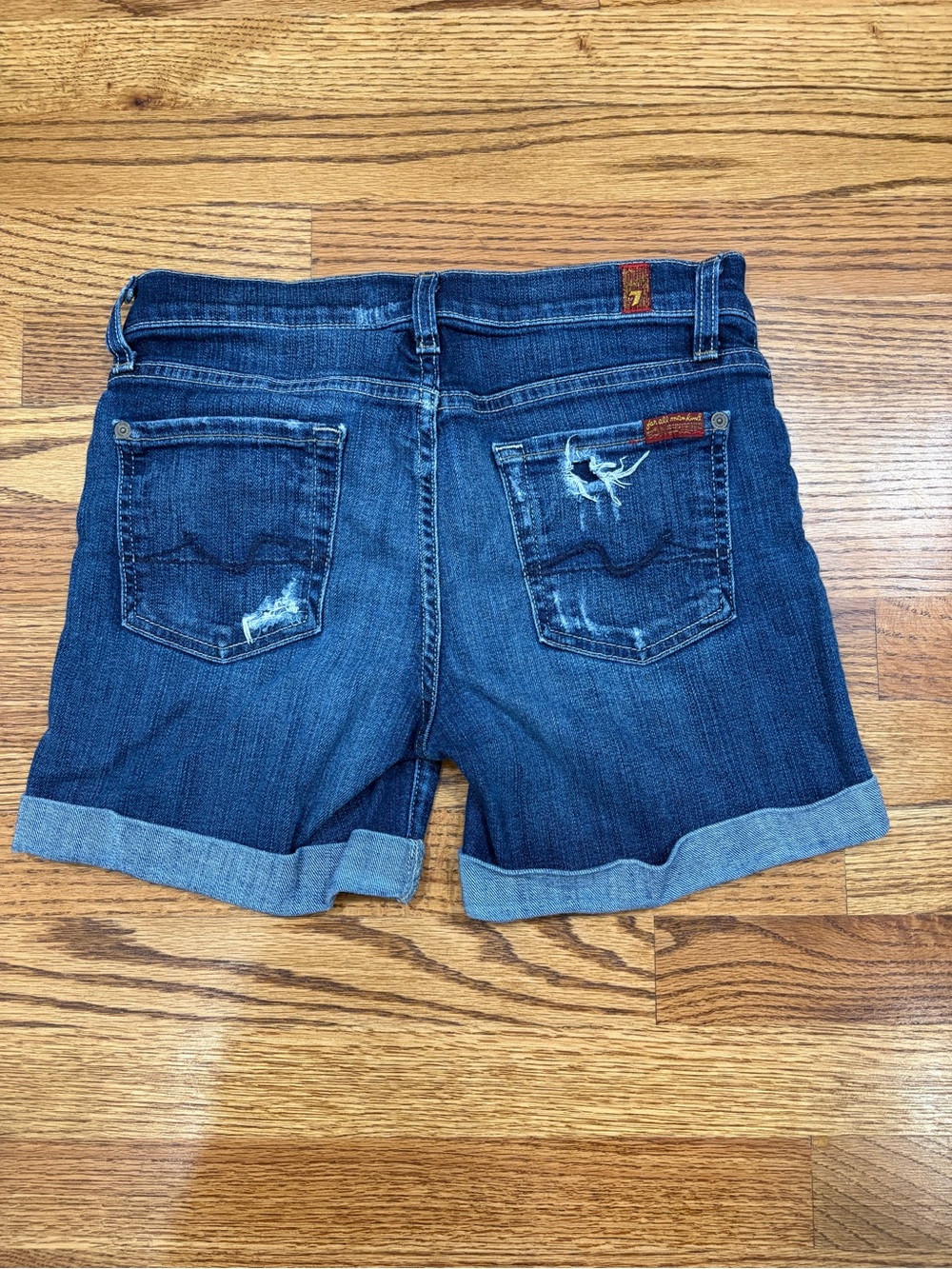 7 For All Mankind Mid-Rise 4.5" Rolled Cuff Distressed Denim Shorts (25) - Picture 2 of 8
